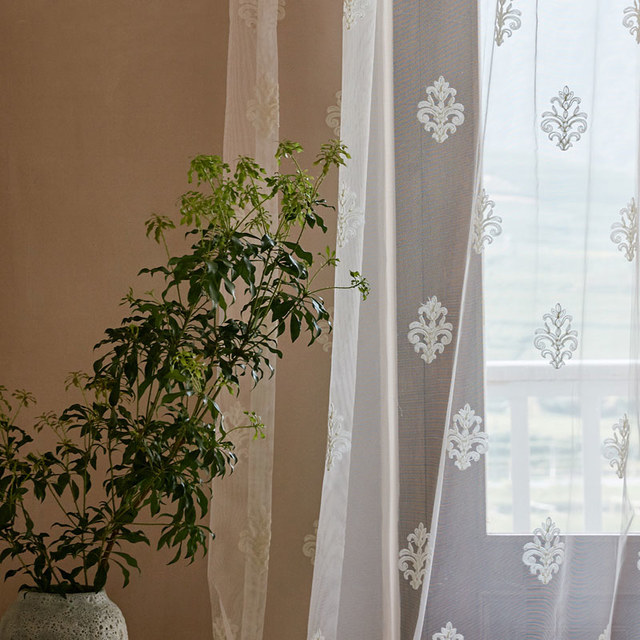 Neoclassical Design Damask White Embroidered Sheer Sheer Curtain 1