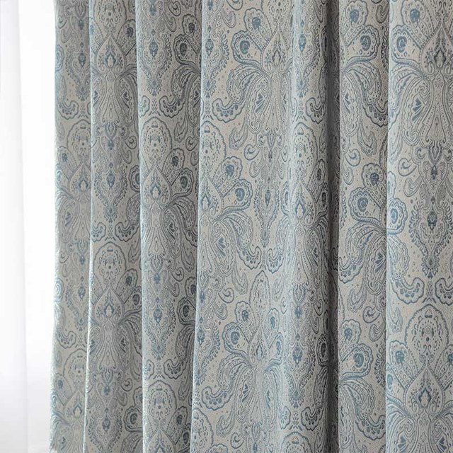 New Classics Luxury Damask Jacquard Gray & Blue Curtain 1