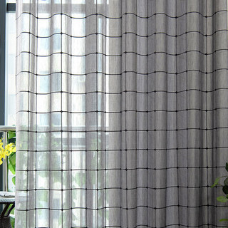 Pane Paradise Checked Grid Charcoal Gray Sheer Curtains 2