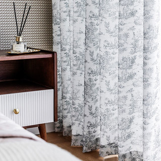 French Country Retro Landscape Gray and White Toile Curtain 3