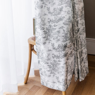 French Country Retro Landscape Gray and White Toile Curtain