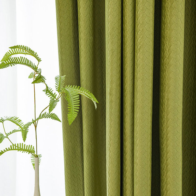 Scandinavian Basketweave Textured Olive Green Velvet Blackout Curtains 1