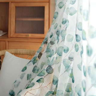 Misty Eucalyptus Green Leaf Watercolour Floral Sheer Curtains 3