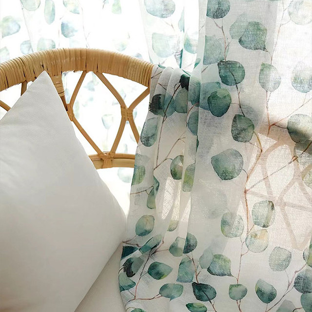 Misty Eucalyptus Green Leaf Watercolour Floral Sheer Curtains 1