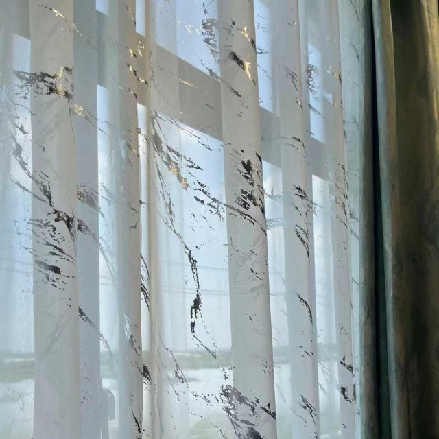 Lunar Marble Abstract White and Silver Sheer Curtains 1