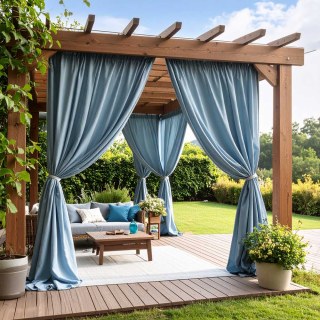 Endless Summer Waterproof Haze Blue Linen Style Outdoor Heavy Sheer Curtain