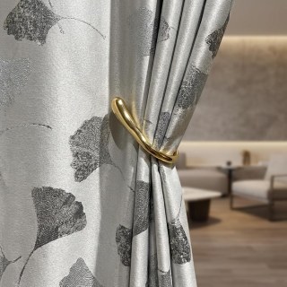 Asian Grove Luxury Jacquard Ginkgo Leaf Patterned Silvery Gray Curtain with Gold Details 3