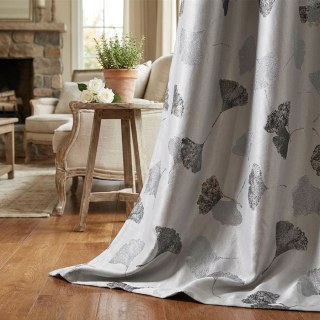 Asian Grove Luxury Jacquard Ginkgo Leaf Patterned Silvery Gray Curtain with Gold Details