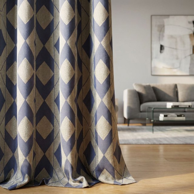Azure Illusion Blue and Silver Diamond Geometric Curtains 1