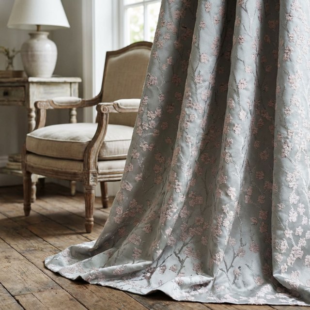 Cherry Blossoms Pastel Pink & Mint Green Floral Chenille Blackout Curtain 1