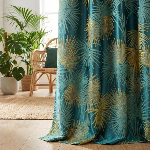 Fan Palm Silhouette Teal and Yellow Satiin Tropical Leaves Curtain 1