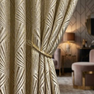 Fan Patterned 3D Jacquard Cream Gold Art Deco Geometric Blackout Curtains