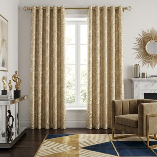 Fan Patterned 3D Jacquard Cream Gold Art Deco Geometric Blackout Curtains 3