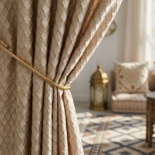 Fancy Trellis 3D Jacquard Cream Arabesque Curtains with Gold Details 2