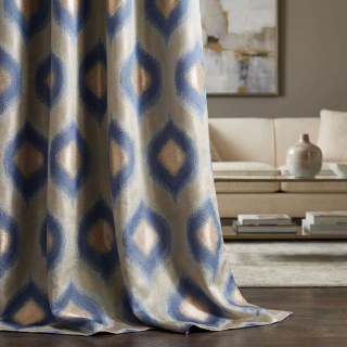 Ikat Ogee Luxury Jacquard Blue and Gold Geometric Curtains