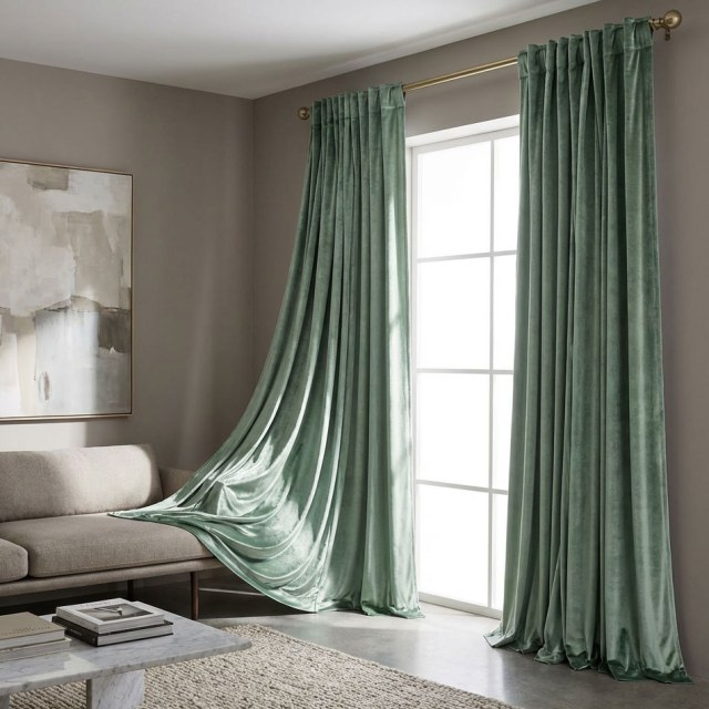 Luminous Luxe Metallic Sage Duck Egg Green Velvet Curtains 1