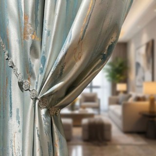 Misty Rain Jacquard Faux Silk Cream & Pastel Blue Floral Curtain With Gold Details 2