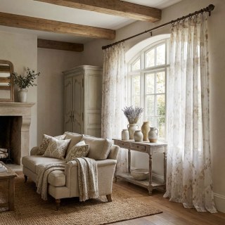 Painted Veil Abstract Watercolour Ivory White and Gold Floral Sheer Curtains 2