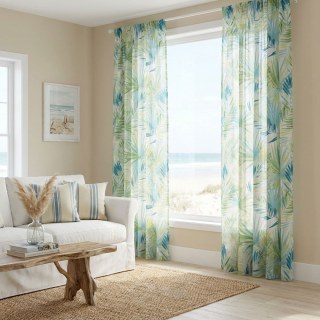 Palm Delight Tropical Leaves Green Blue Sheer Curtain 3
