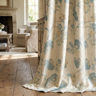 Secret Garden Silky Cream & Pastel Teal Floral Curtain with Gold Details