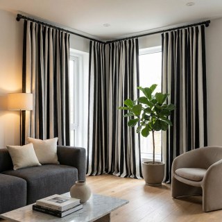 Striking Double Sided Black and White Chenille Striped Curtain 4