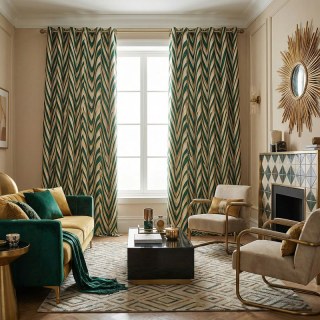 Ocean Wave Elegance Dark Green and Gold Art Deco Geometric Curtains 3
