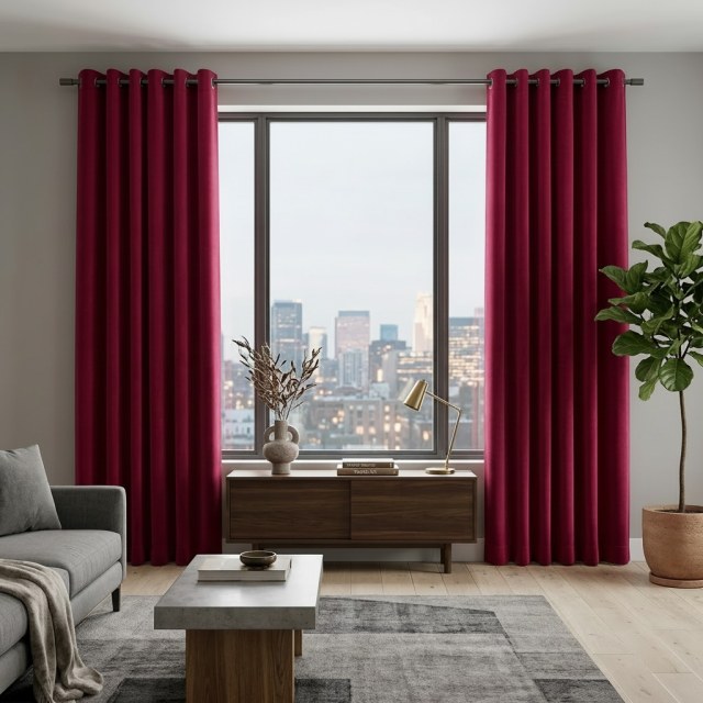 Cascade Matte Ruby Rose Red Velvet Curtains 1