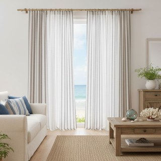 Coastal Weave Driftwood Brown Striped Natural Linen Cotton Curtains