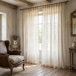 Enchanted Garden Rose & Butterfly Floral Cream Sheer Curtain