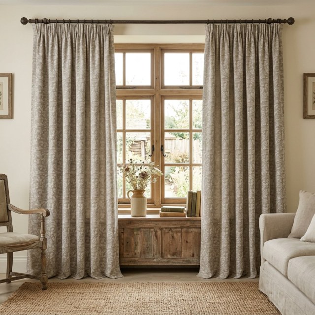 Garden Whisper Brown Natural Linen Cotton Blend Floral Curtains 1