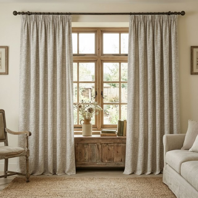 Garden Whisper Oatmeal Natural Linen Cotton Blend Floral Curtains 1