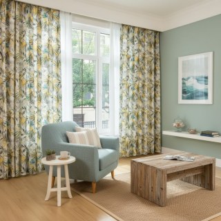 Palm Delight Tropical Leaves Yellow Gray Curtains 2