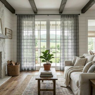 Pane Paradise Checked Grid Charcoal Gray Sheer Curtains 2