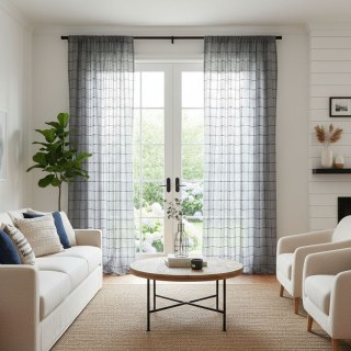 Pane Paradise Checked Grid Charcoal Gray Sheer Curtains 2