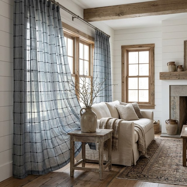 Pane Paradise Checked Grid Charcoal Gray Sheer Curtains 1