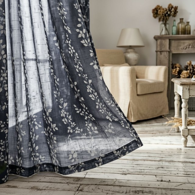 Pascal Black Blue Vine Print Sheer Voile Curtain 1