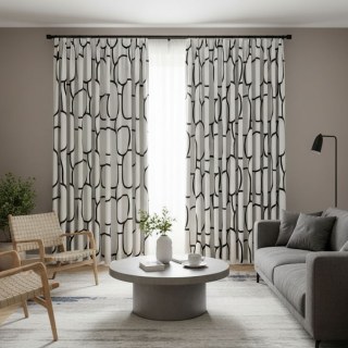 Pebble Path Geometric Circles Black and White Chenille Blackout Curtain
