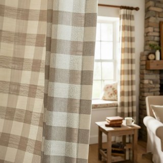 Cottage Charm Mocha Brown Linen Style Gingham Check Plaid Curtains 4