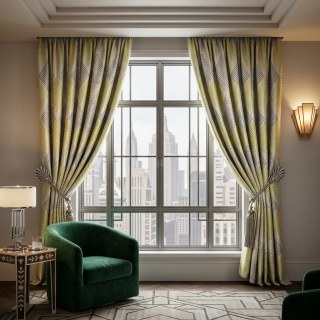 Deco Diamond Yellow and Gray Art Deco Geometric Curtains with Gold Details 2