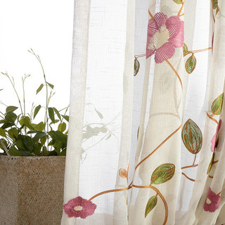 Floral Journey Pink Bestickte Transparente Voile Gardine