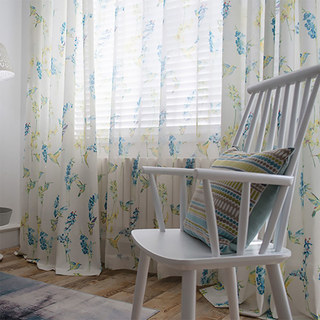 Hummingbird Blaue Blumen Jute Optik Vorhang (Kein Voile) 2