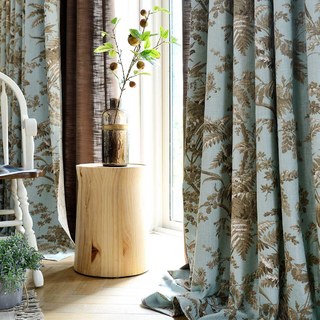 Französisches Landhaus Retro Blau und Braun Eichelhäher Vogel Farn Blumen Vorhang