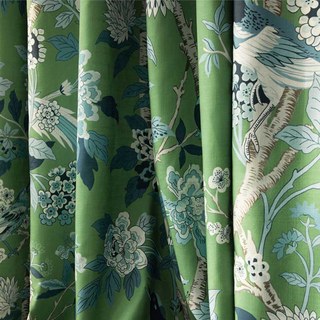 Vögel & Blüten Chinoiserie Blau & Grün Blumen Samt Vorhang 3
