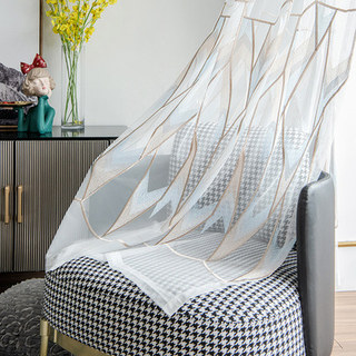 Geometrischer bestickter schimmernder blau gold weißer Voile Vorhang