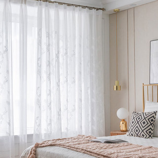 Bestickte Kiefernblätter Weiß Blumig Transparente Voile Gardine 11
