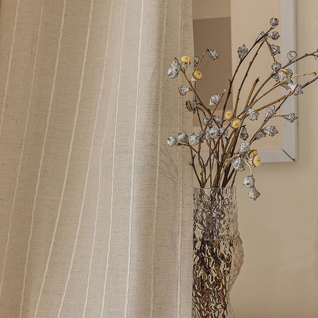 Idyll Gestreiftes Haferfarbenes Leinen Voile Vorhang 1