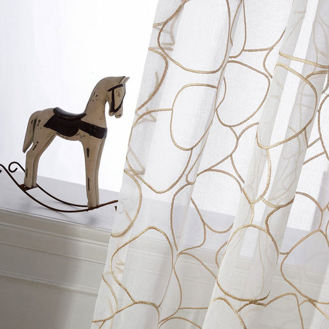 Pebble Beach Gold bestickte Kreise Elfenbeinweiß Voile Vorhang 1