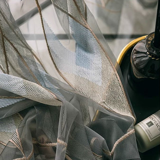 Geometrischer bestickter schimmernder blau gold grauer Voile Vorhang 5