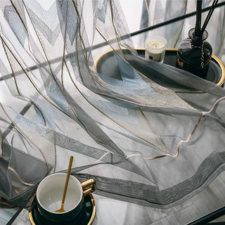 Geometrischer bestickter schimmernder blau gold grauer Voile Vorhang 4