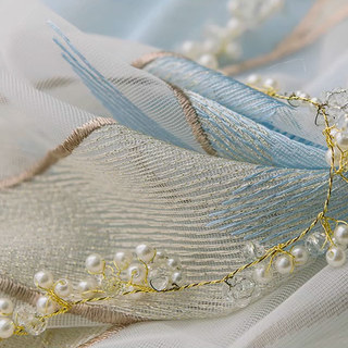 Geometrischer bestickter schimmernder blau gold weißer Voile Vorhang 2